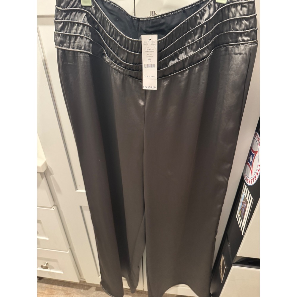 White House Black Market Smocked Wide Leg Pants Forever Olive Satin L R